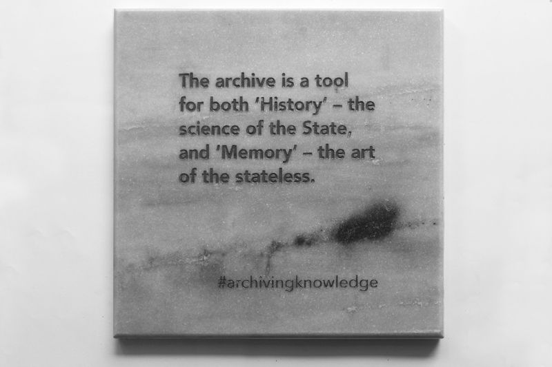 The archive is a tool for both ‘History’ – the science of the state, and ‘Memory’ – the art of the stateless, From the series: Archiving Knowledge, hand engraved marble, 2018