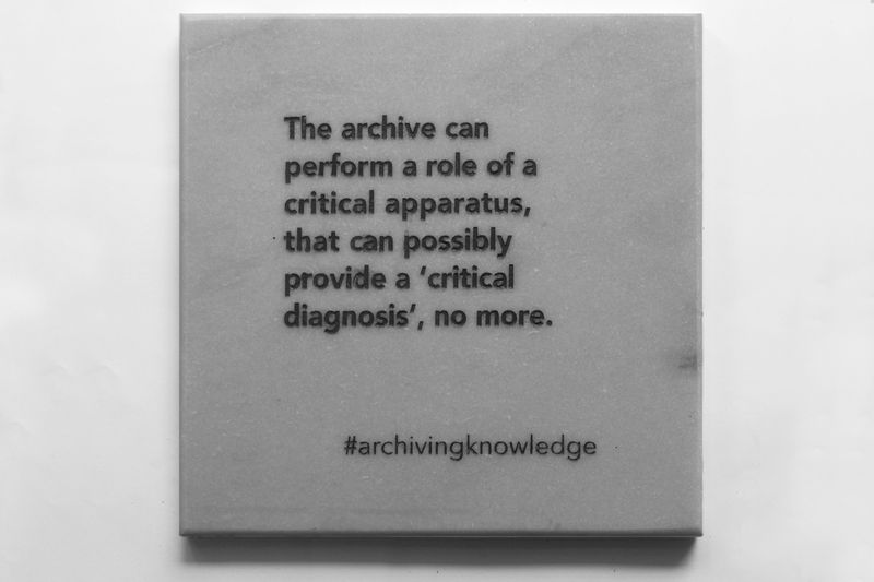 The archive can perform a role of a critical apparatus, that can possibly provide a 'critical diagnosis' no more, From the series: Archiving Knowledge, hand engraved marble, 2018