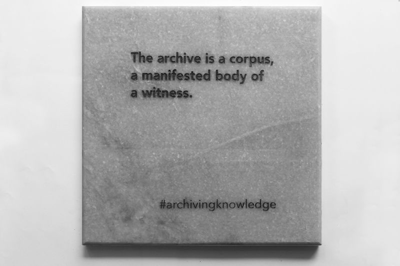 The archive is a corpus, a manifested body of a witness, From the series: Archiving Knowledge, hand engraved marble, 2018