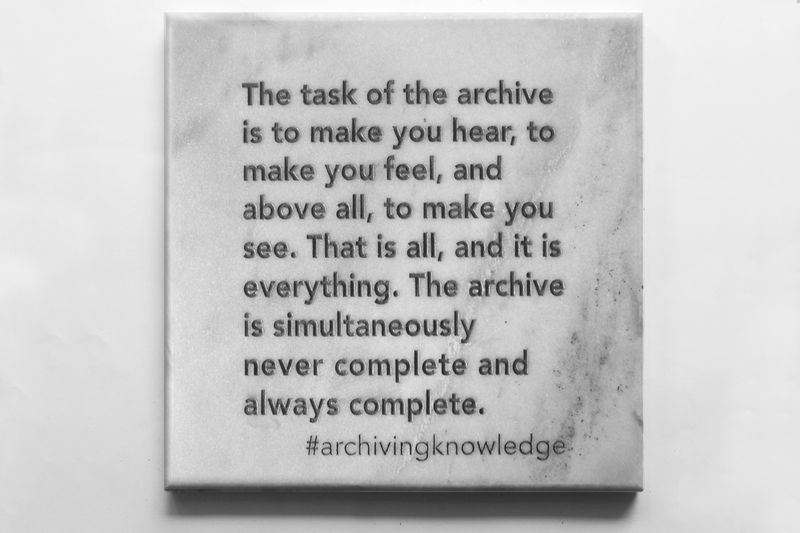 The task of the archive is to make you hear, to make you feel, and above all, to make you see. That is all, and it is everything. The archive is simultaneously never complete and always complete, From the series: Archiving Knowledge, hand engraved marble, 2018