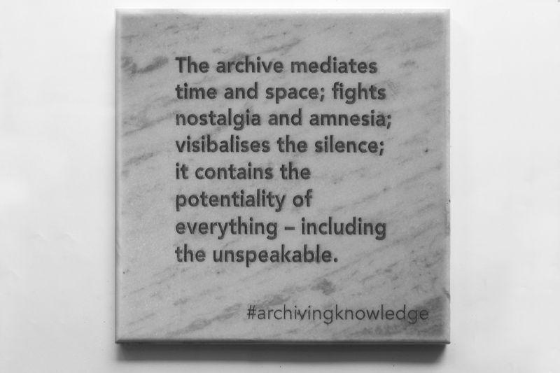 The archive mediates time and space; fights nostalgia and amnesia; visibalises the silence; it contains the potentiality of everything – including the unspeakable, From the series: Archiving Knowledge, hand engraved marble, 2018