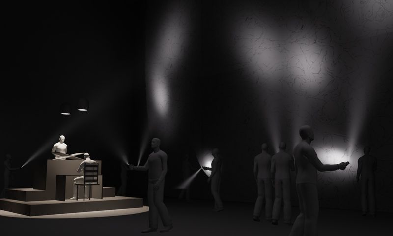 3D rendered visualisation, The installation is conceived to be in a 'dark room' and viewed through torchlight, ‘WAR • ROOM • ECHO – Regarding the Pain of Other Cyborgs'