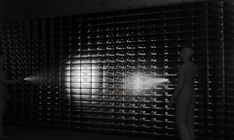 3D rendered visualisation, The installation partly comprises of a memorial wall mimicking vertical graves, ‘WAR • ROOM • ECHO – Regarding the Pain of Other Cyborgs'